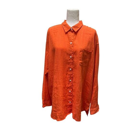 J. Jill Tops - J Jill Orange Button Up Collared Shirt 100% Linen Relaxed Long Sleeve XL Tall